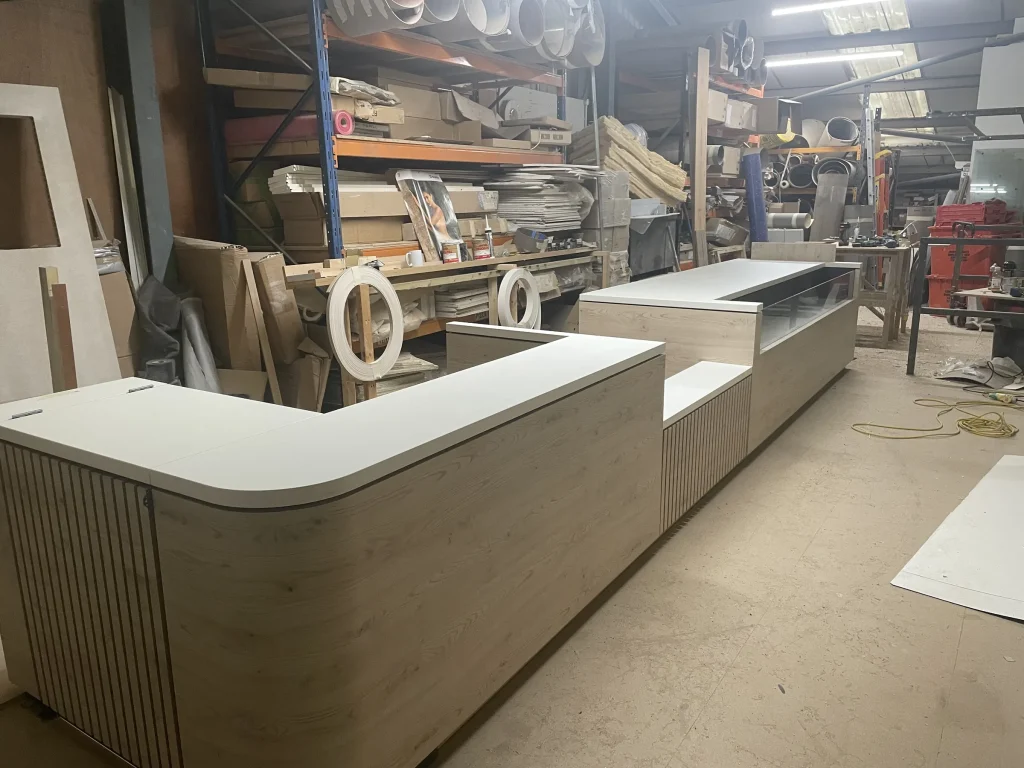 Solid surface counter with timber cladding in the Carve workshop